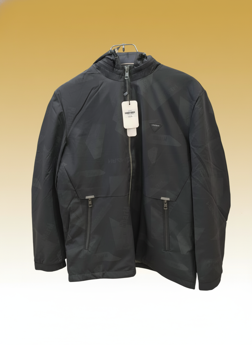 প্রিমিয়াম ব্ল্যাক জ্যামিতিক প্রিন্টেড হুডেড জ্যাকেট