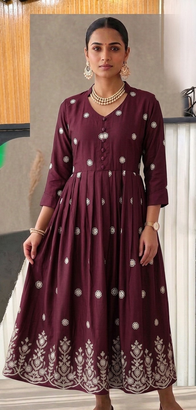 রয়েল মেরুন এম্ব্রয়ডারি করা আনারকলি কুর্তি